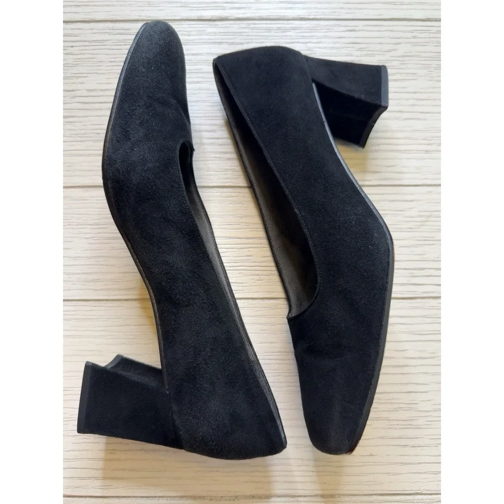 Stuart Weitzman VTG‎ 9 AA Blk Suede Block Heels Square Toe 2.5